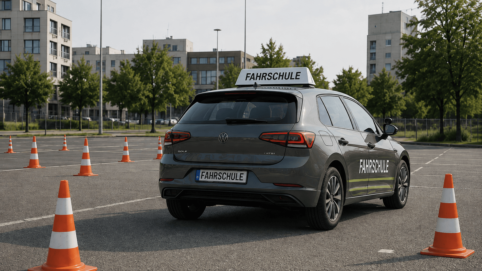 Fahrschulauto auf einem Übungsplatz mit Pylonen