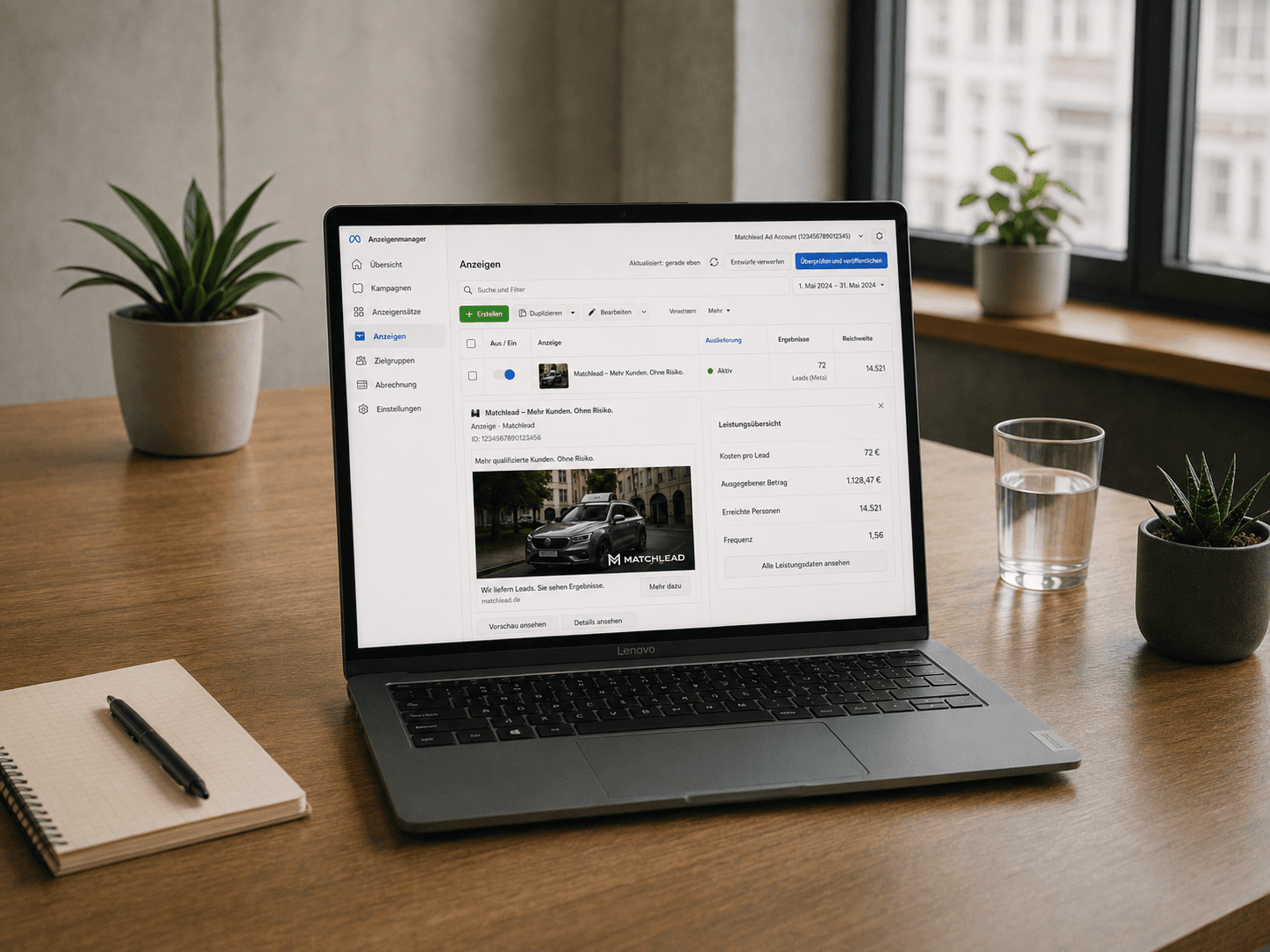Matchlead Anzeigenmanager mit einer laufenden Fahrschul-Anzeige